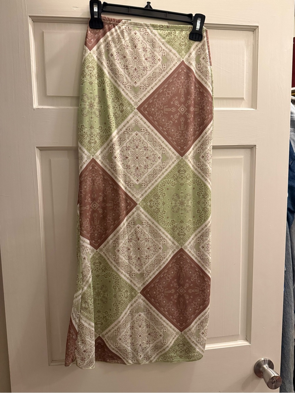 Woven Patchwork Print Maxi Skirt in Sage Green & Dusty Rose